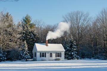 Traditional cottage home with smoke rising from the chimney, surrounded by snowy trees