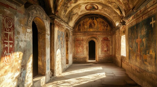 Discovering cryptic symbols and faded murals in the halls of a secluded ancient monastery, bathed in ethereal light