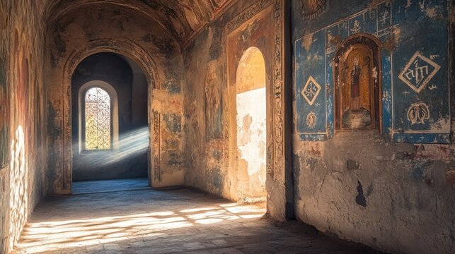Discovering cryptic symbols and faded murals in the halls of a secluded ancient monastery, bathed in ethereal light