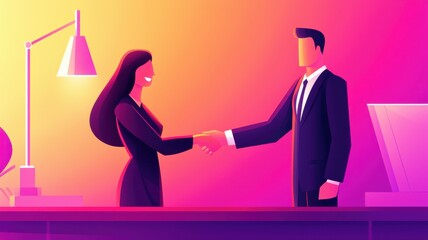 Fototapeta premium Two professionals shake hands in a vibrant office setting.