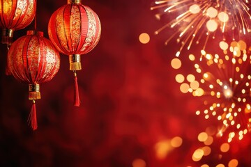 Fototapeta premium Vibrant Festive Lanterns Hanging Against a Background of Colorful Fireworks and Bokeh Lights, Perfect for Celebrating Lunar New Year or Cultural Festivals