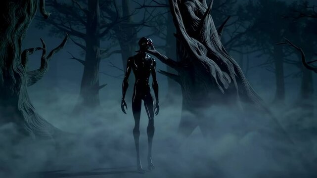 Mysterious dark entity walking through dense fog in an ominous forest

