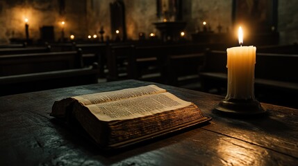 A serene photo of a Bible resting on a pew in a quiet church, with the light of a single candle nearby