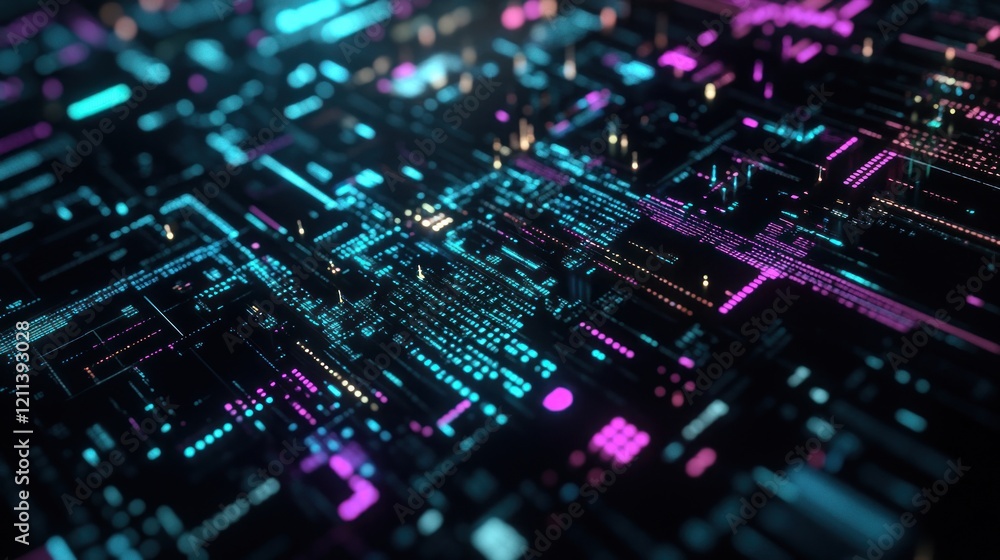 Poster abstract digital circuitry: neon hues and data streams