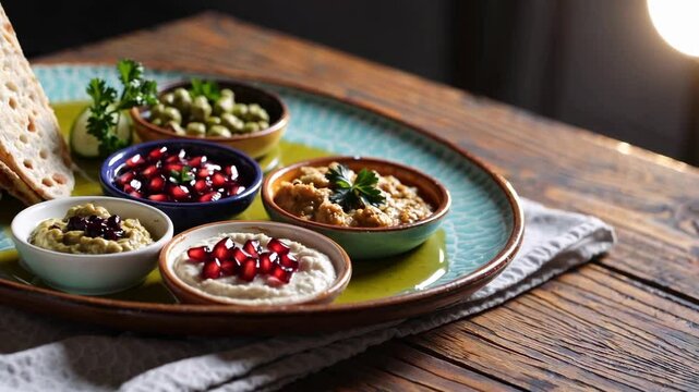 Assorted Mediterranean mezze platter with hummus, baba ganoush, and pomegranate toppings

