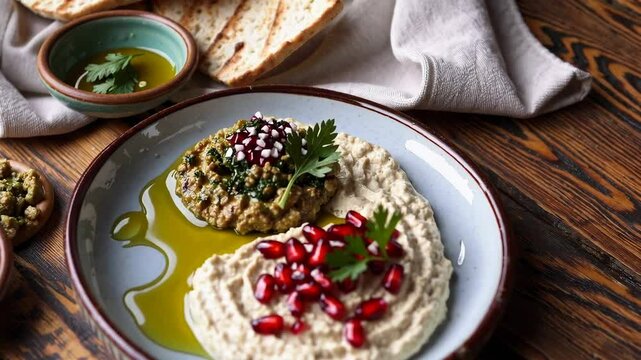 Mediterranean mezze platter with baba ganoush, olive tapenade, and pomegranate garnish

