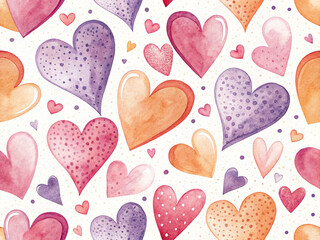 Cartoon style heart pattern, hand drawn in colorful seamless patterns in various sizes.