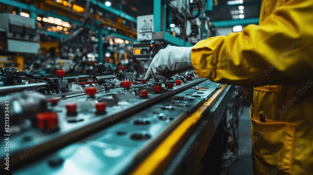 Poster worker in yellow jacket operating machinery in a factory setting.