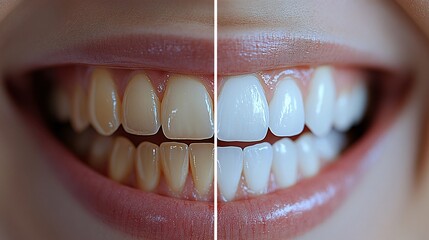 The image shows a before-and-after comparison of teeth whitening, highlighting the transformation from stained, yellowish teeth to bright, white teeth, showcasing dental care and cosmetic improvement
