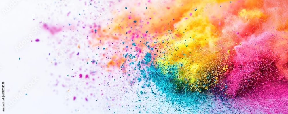 Poster rainbow holi idea. vibrant explosion of colorful powder on a white background creating stunning visu