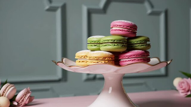 Macaron assortment featuring French macarons stacked on a decorative cake plate in an elegant setting

