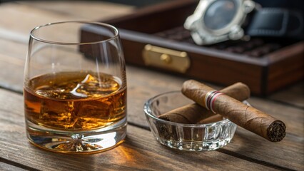 glass of whiskey and cigar