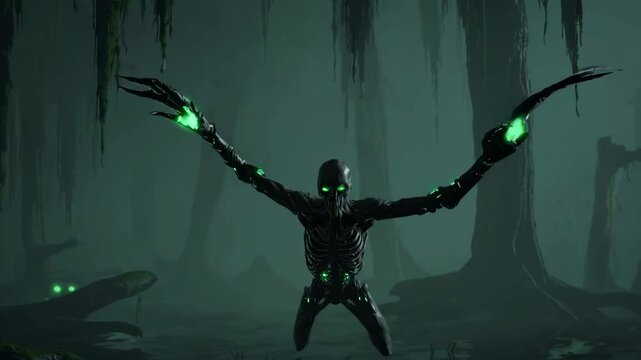 Menacing four-armed specter with glowing green eyes and claws emerging from a foggy swamp

