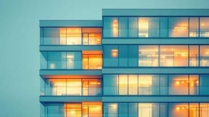 Modern apartment building at dusk, illuminated interiors, city background, real estate