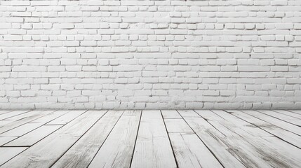Fototapeta premium Whitewashed brick wall and wooden floor background.