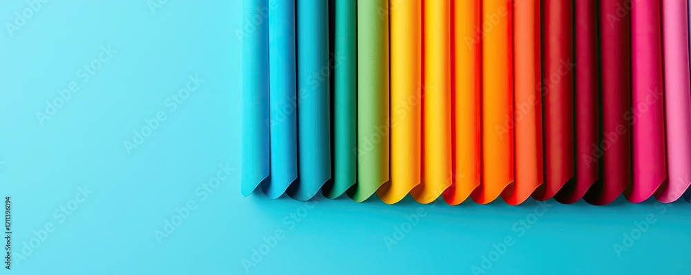 Poster rainbow holi idea. vibrant color gradients created with aligned paper sheets on a blue background.