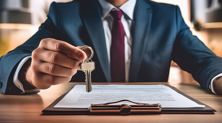 Professional Real Estate Agent Handing Over House Keys. A well-dressed real estate agent in a suit handing over house keys to a client, symbolizing a successful property transaction