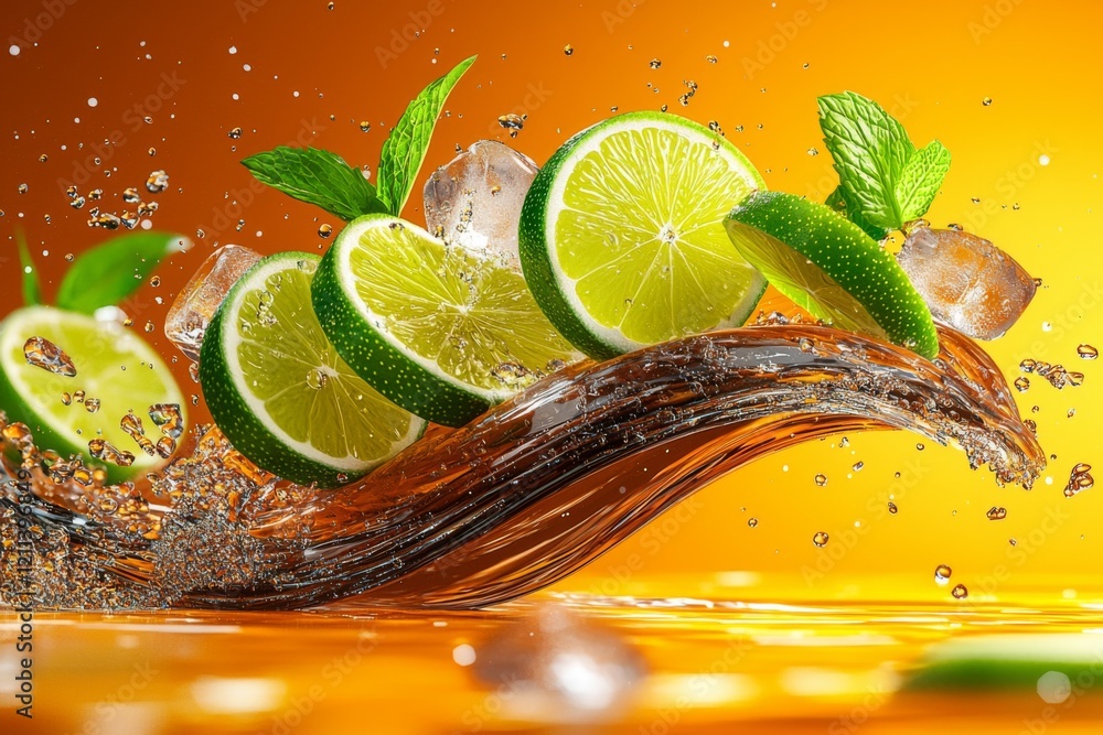 Poster fresh lime slices with mint create a splash in a vibrant orange background at a summer gathering