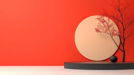 Chinese New Year Podiums on Red Paper Cut Background