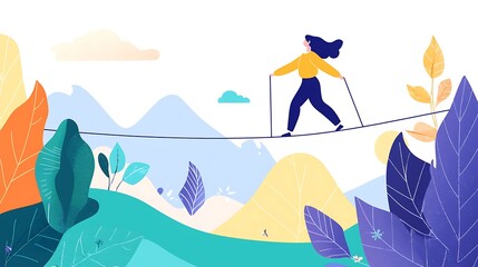 Fototapeta premium A woman is walking across a rope bridge in a lush green forest