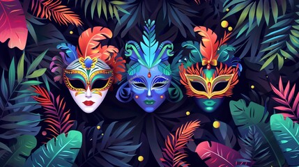 Naklejka premium Vibrant Mardi Gras Carnival Masks with Feathers in Different Styles