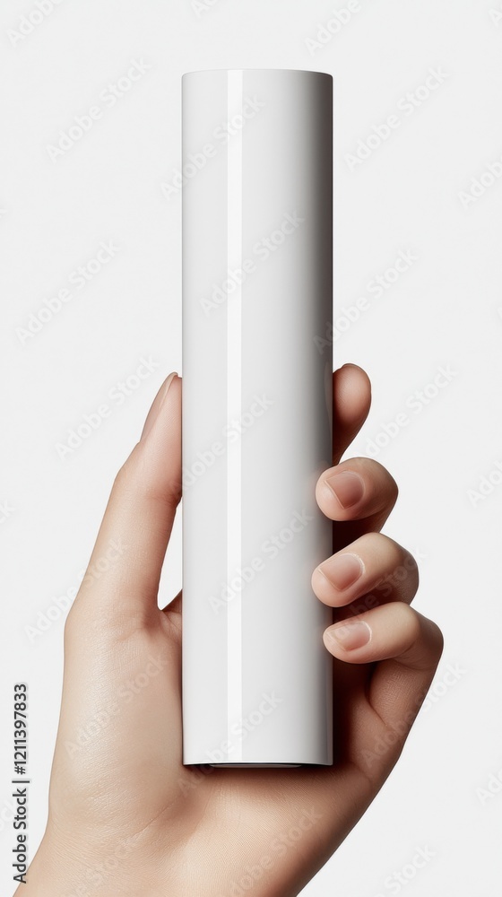 Poster innovative handheld device held by a person in a minimalist setting showcasing modern design and tec