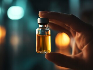 Small glass vial containing yellow liquid held in hand against blurred background with warm lights