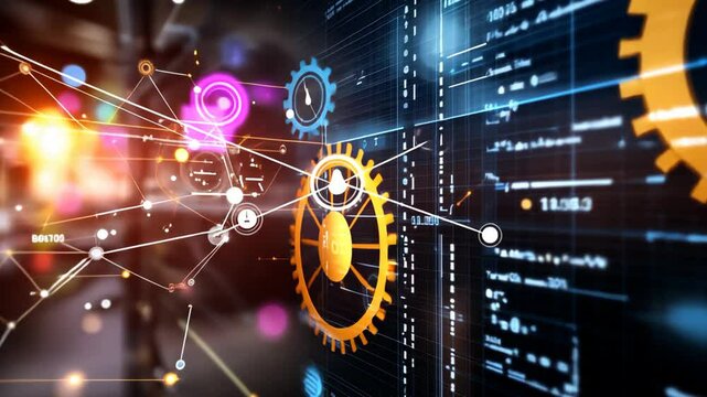abstract background innovative futuristic technology or business management concept, gears with neon light and complex equation mathematic background