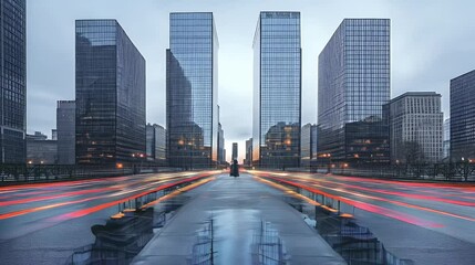 Cityscape, dawn, avenue, skyscrapers, traffic streaks, urban, business, finance,  website header
