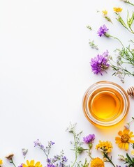 Glass jar filled with golden honey isolated on a white background