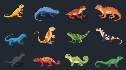 Fototapeta premium Vibrant Reptiles Amphibians Icon Set - Flat Vector Illustration