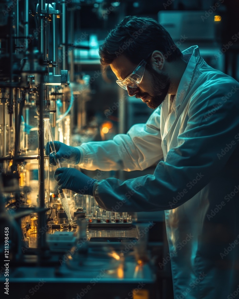 Poster a serene photo of a scientist demonstrating a renewable energy invention in a lab setting