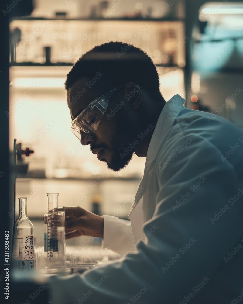 Poster a serene photo of a scientist referring to a periodic table chart while working with lab equipment