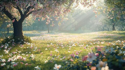 Obraz premium Pastel spring concept. A serene landscape of blooming flowers and a majestic tree under soft sunlight.