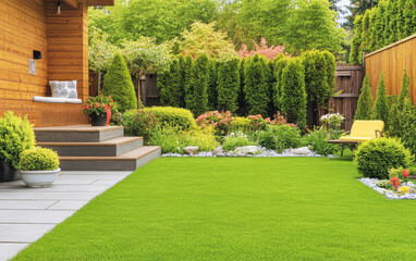 Naklejka premium Beautiful garden with lush greenery and cozy seating area in a serene outdoor space