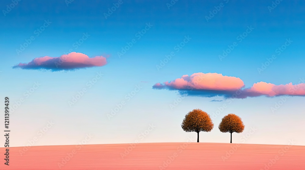 Poster pastel spring concept. a serene landscape featuring two trees against a vibrant sky and soft clouds.