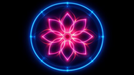 Neon Flower Mandala Encircled In Blue Light