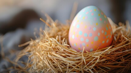 Pastel spring concept. Colorful easter egg resting in a nest, symbolizing spring and new beginnings.