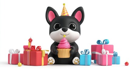 A 3D cartoon black Corgi holding a cupcake in its paw, sitting among scattered birthday presents, isolated on a white background.