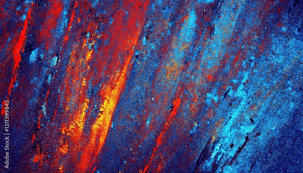 Poster vivid abstract texture with vibrant red and blue tones, dynamic diagonal strokes, and fiery highligh