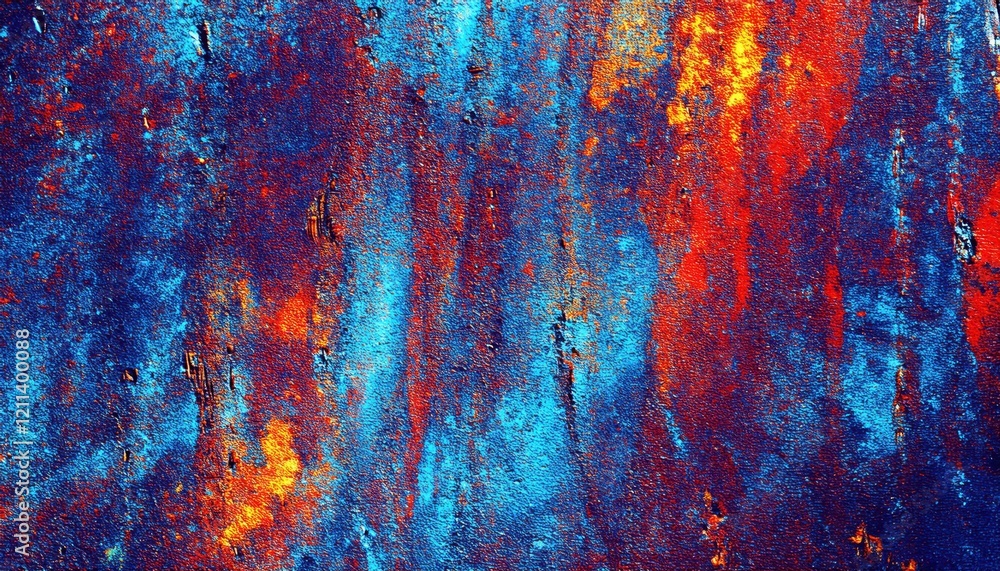 Poster vivid abstract texture with vibrant red and blue tones, dynamic diagonal strokes, and fiery highligh