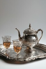 Traditional Middle Eastern tea set with a silver tray, ornate teapots, and small glasses, styled elegantly