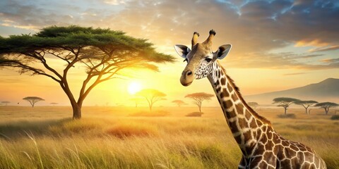 Golden Hour Giraffe in the Savanna A Majestic Portrait at Sunrise