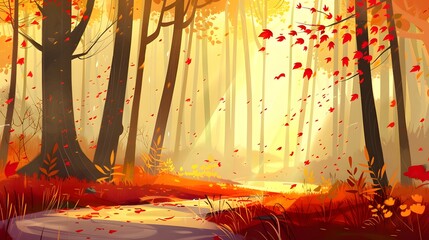 A golden autumn forest with peaceful pathways and falling leaves in a tranquil setting