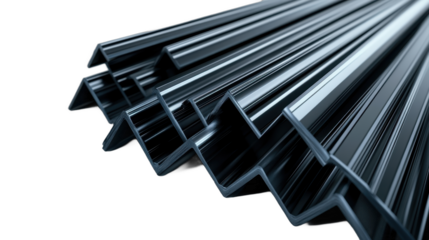 Close-up of metallic steel angles stacked for industrial applications. transparent background