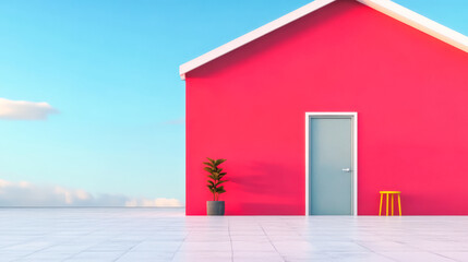 Bright pink house with minimalistic design and blue door on a sunny day