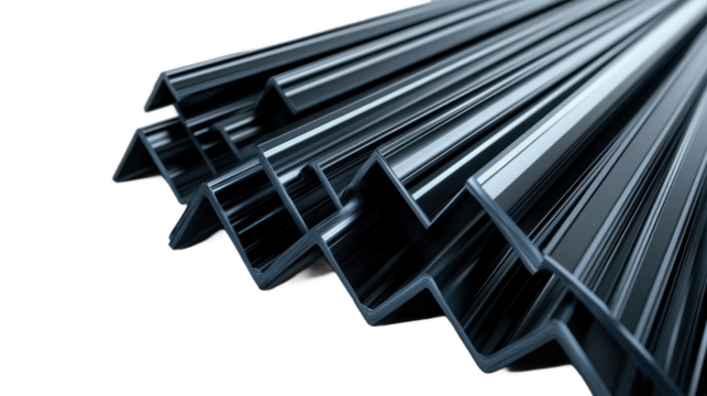 Close-up of metallic steel angles stacked for industrial applications. transparent background