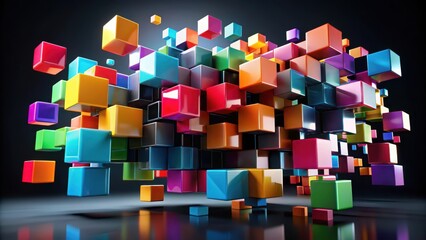 A vibrant collection of colorful cubes, dynamically arranged in a three-dimensional composition, showcasing a spectrum of hues and glossy surfaces, creating a visually engaging abstract design