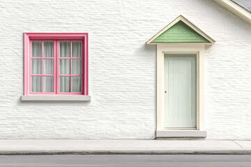 Fototapeta premium Colorful architecture featuring a green roof and pink window in a charming neighborhood