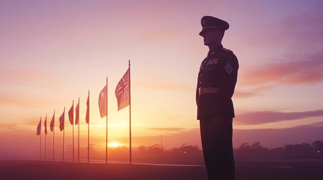 A long shot of a soldier standing at attention during an ANZAC Day ceremony at dawn, with flags flying in the background, creating a powerful image of patriotism and remembrance 